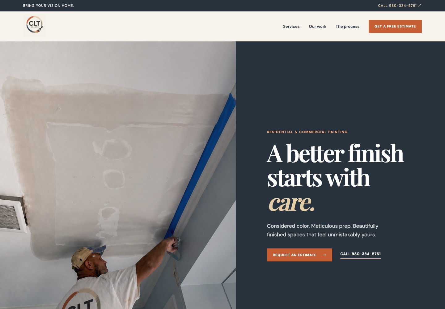 Screenshot of the CLT Colors website hero with painting services and estimate links