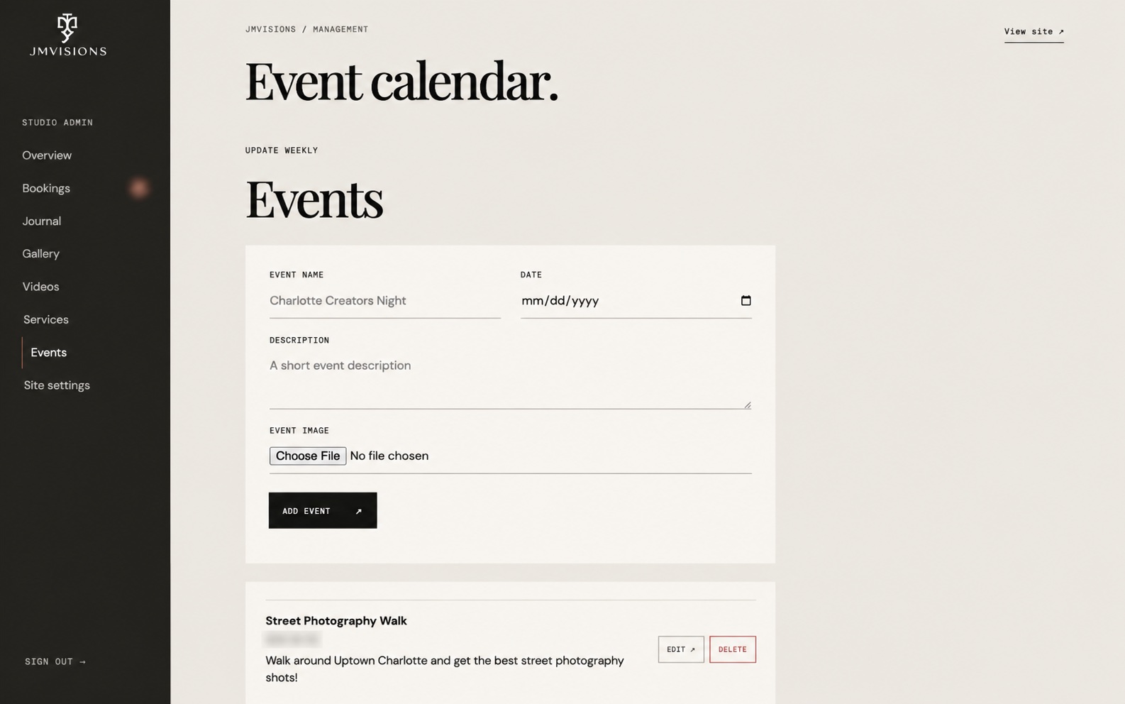 JMVisions event calendar editor with date, description, and image upload fields