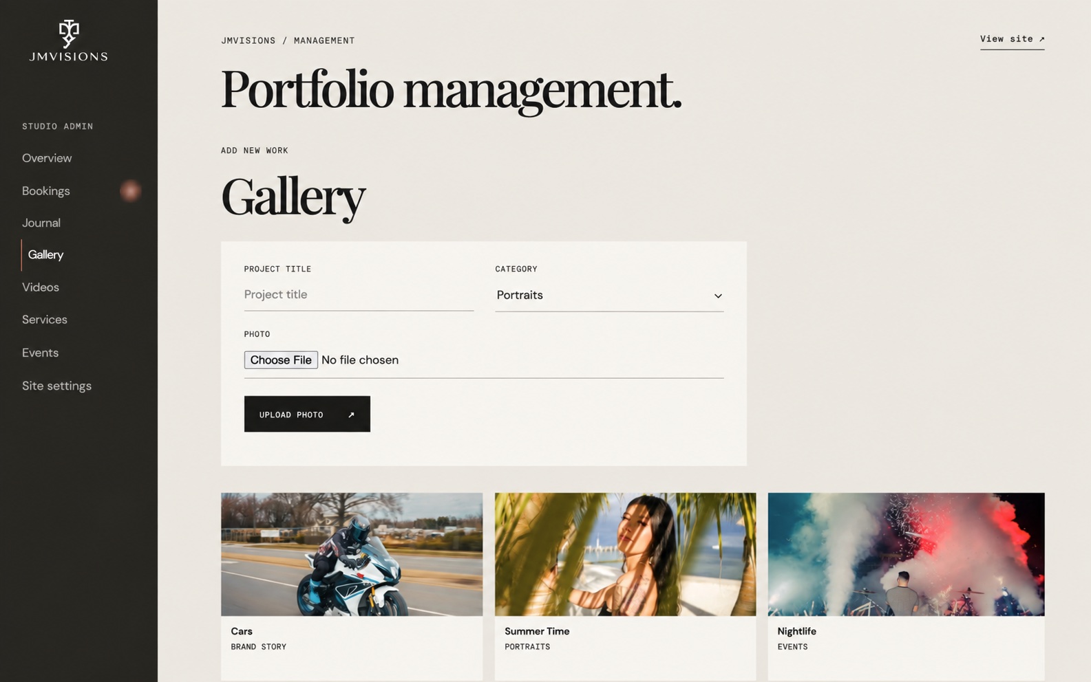 JMVisions gallery management with project title, category, and photo upload controls