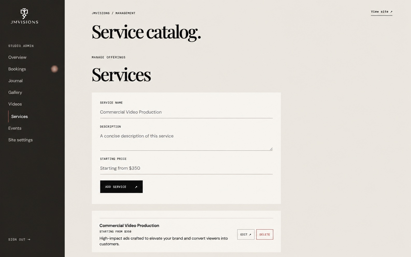 JMVisions service catalog editor with service name, description, and starting price fields