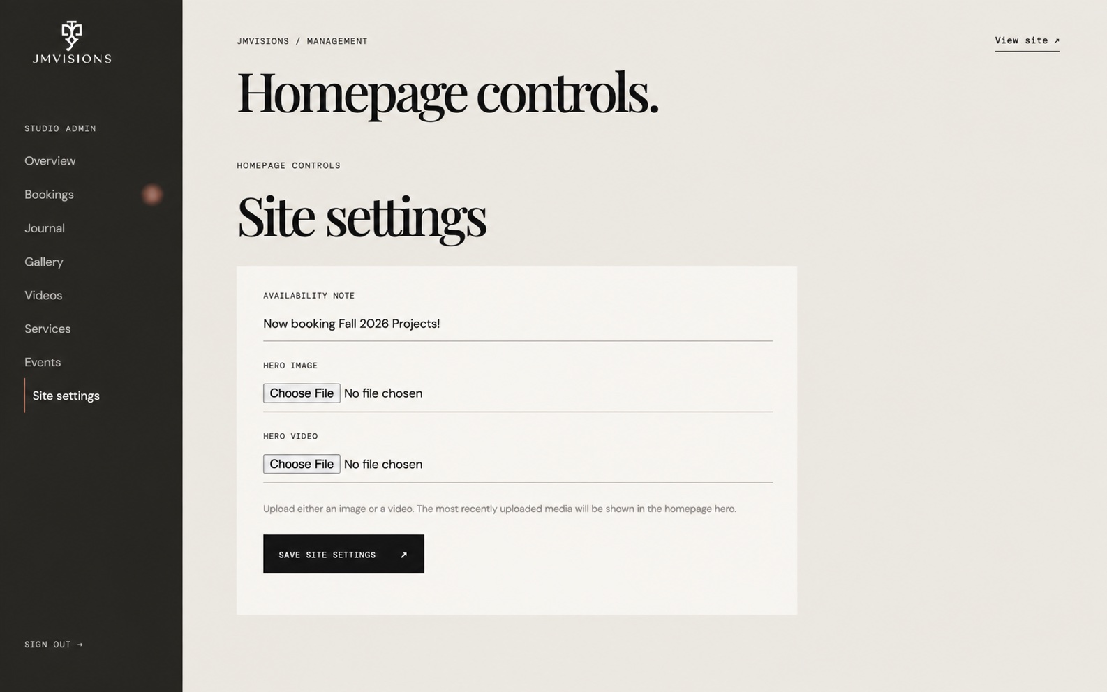 JMVisions homepage settings with availability text and hero image or video uploads