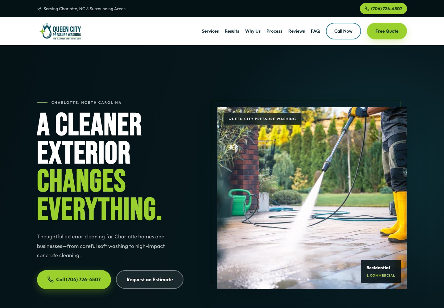 Queen City Pressure Washing website featuring exterior cleaning services in Charlotte