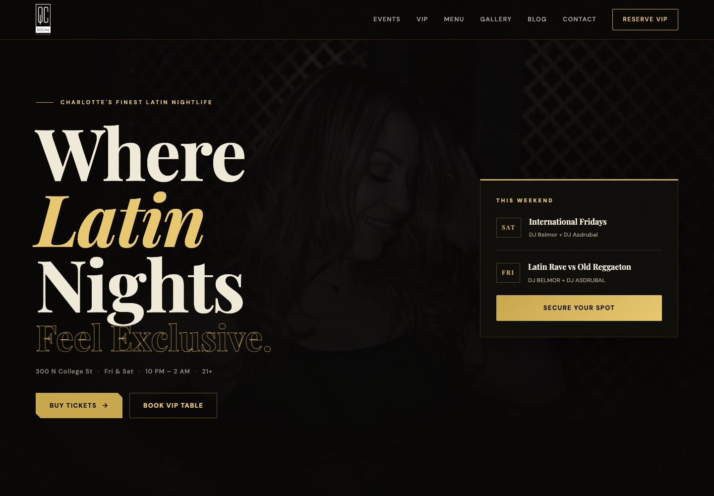 Screenshot of the QC Social website hero with event information and booking links