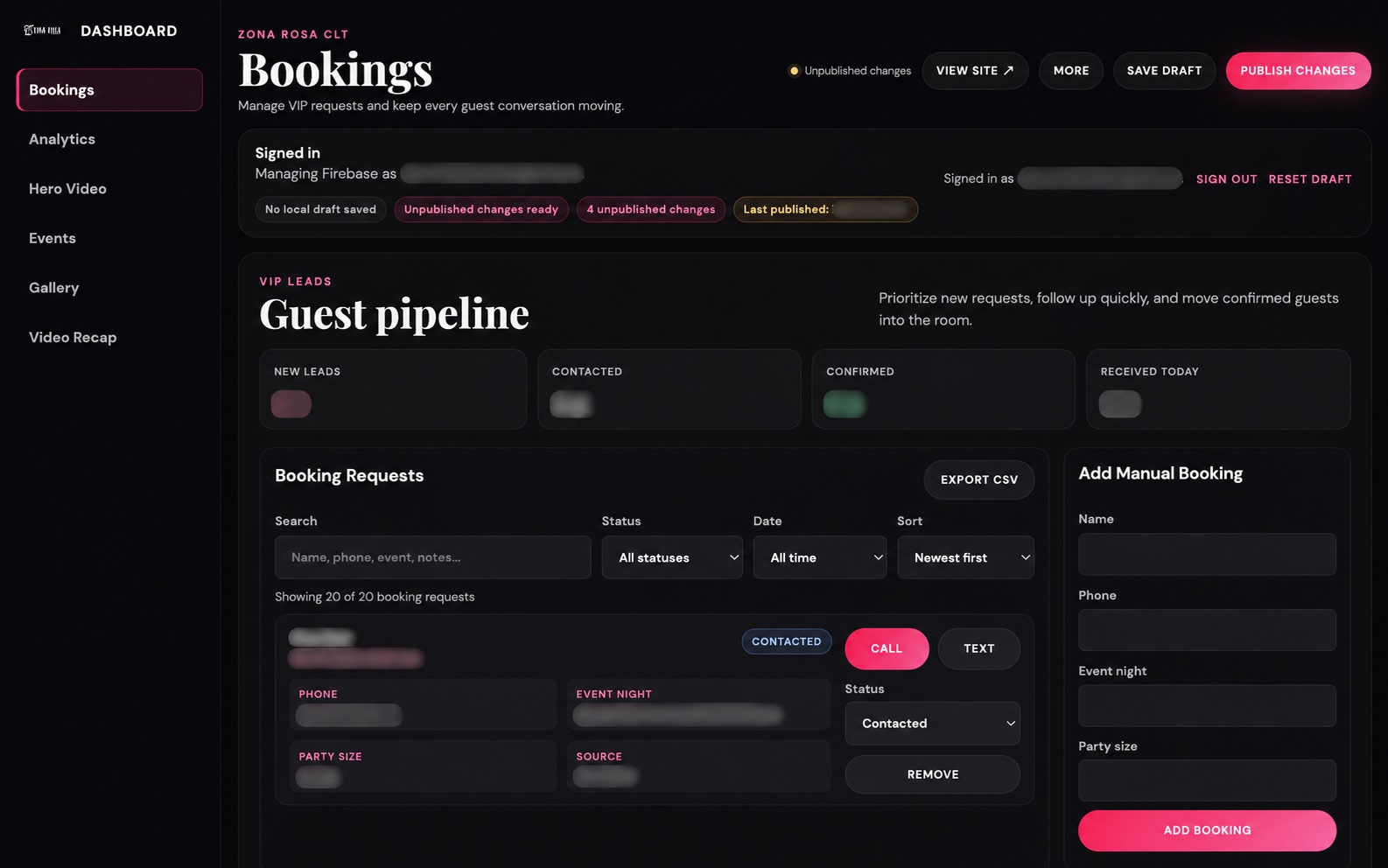 Zona Rosa booking dashboard showing navigation, guest pipeline, filters, and booking controls with personal information obscured