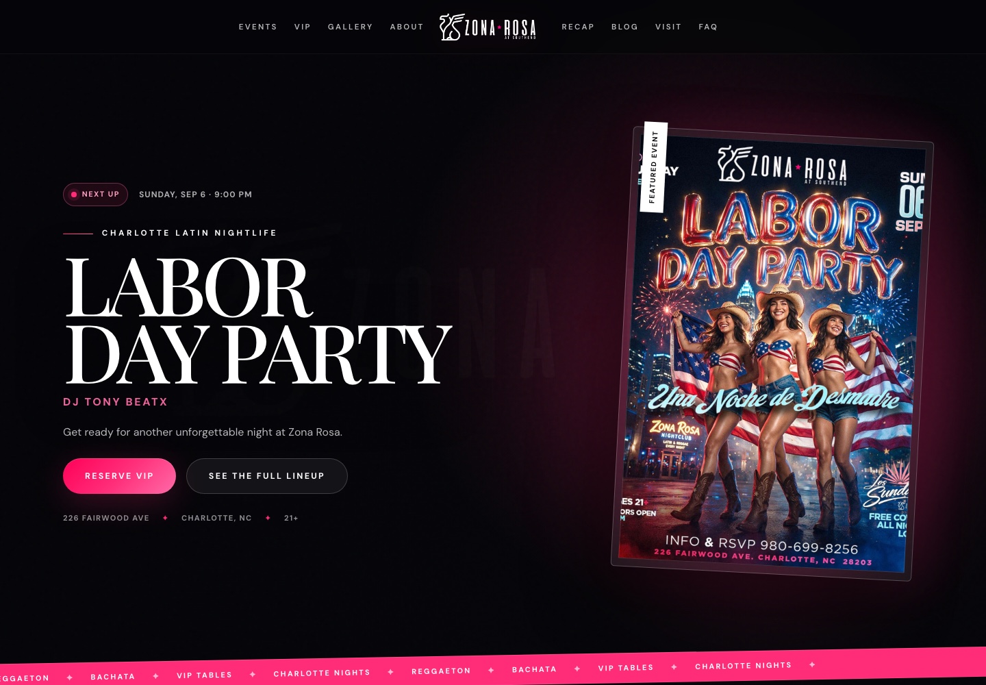 Screenshot of the Zona Rosa website hero with its event headline and VIP links